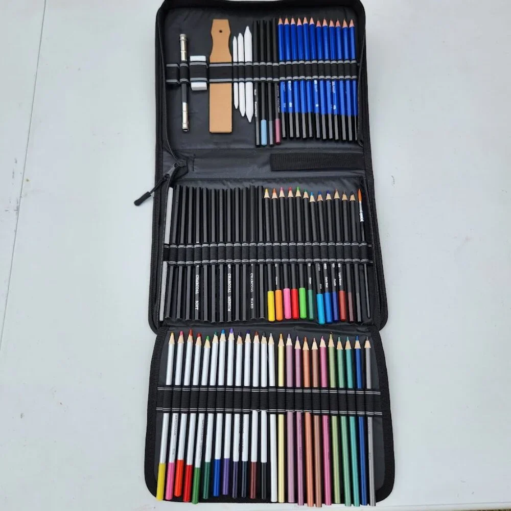 NEW 74 Piece Art Kit Supplies Watercolor Pencils Charcoal Travel Case Colored Pe